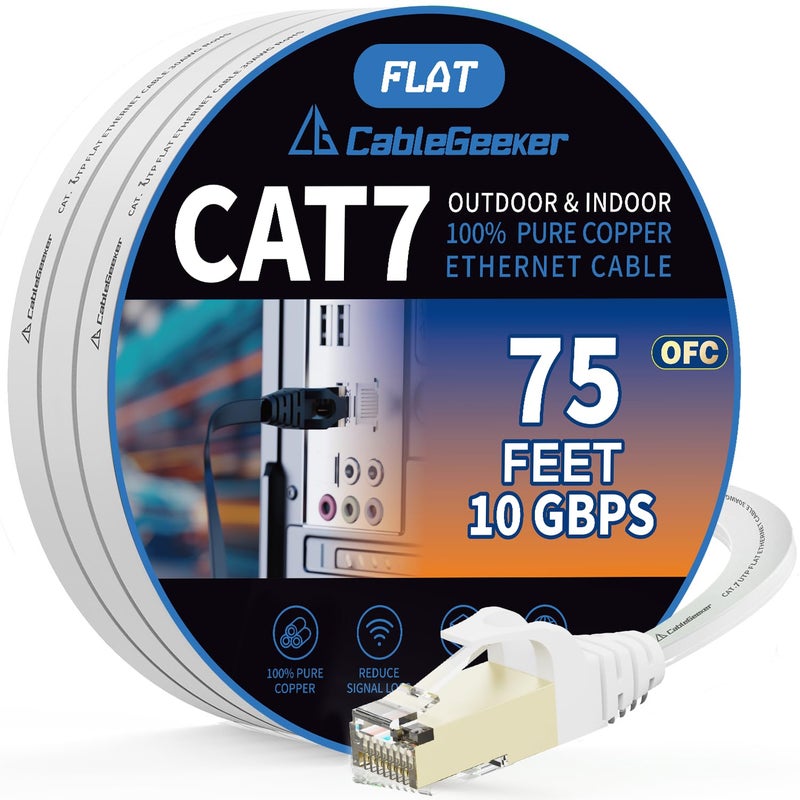 CableGeeker Cat 7 Ethernet Cable 75ft Shielded,Flat Ethernet Patch Cables - High Speed Internet Cable for Modem, Router, LAN, Computer - Compatible with Cat 5e,Cat 6 Network - White - Image 1